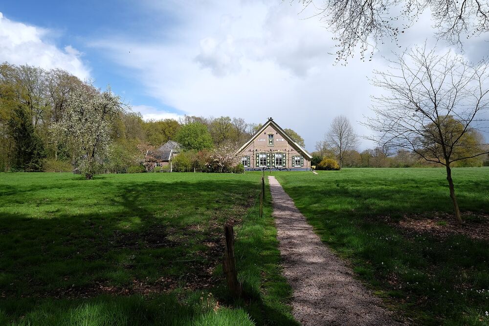 Een weiland met zandpad en een boerderij aan de rand van Laren onder een blauwe lucht